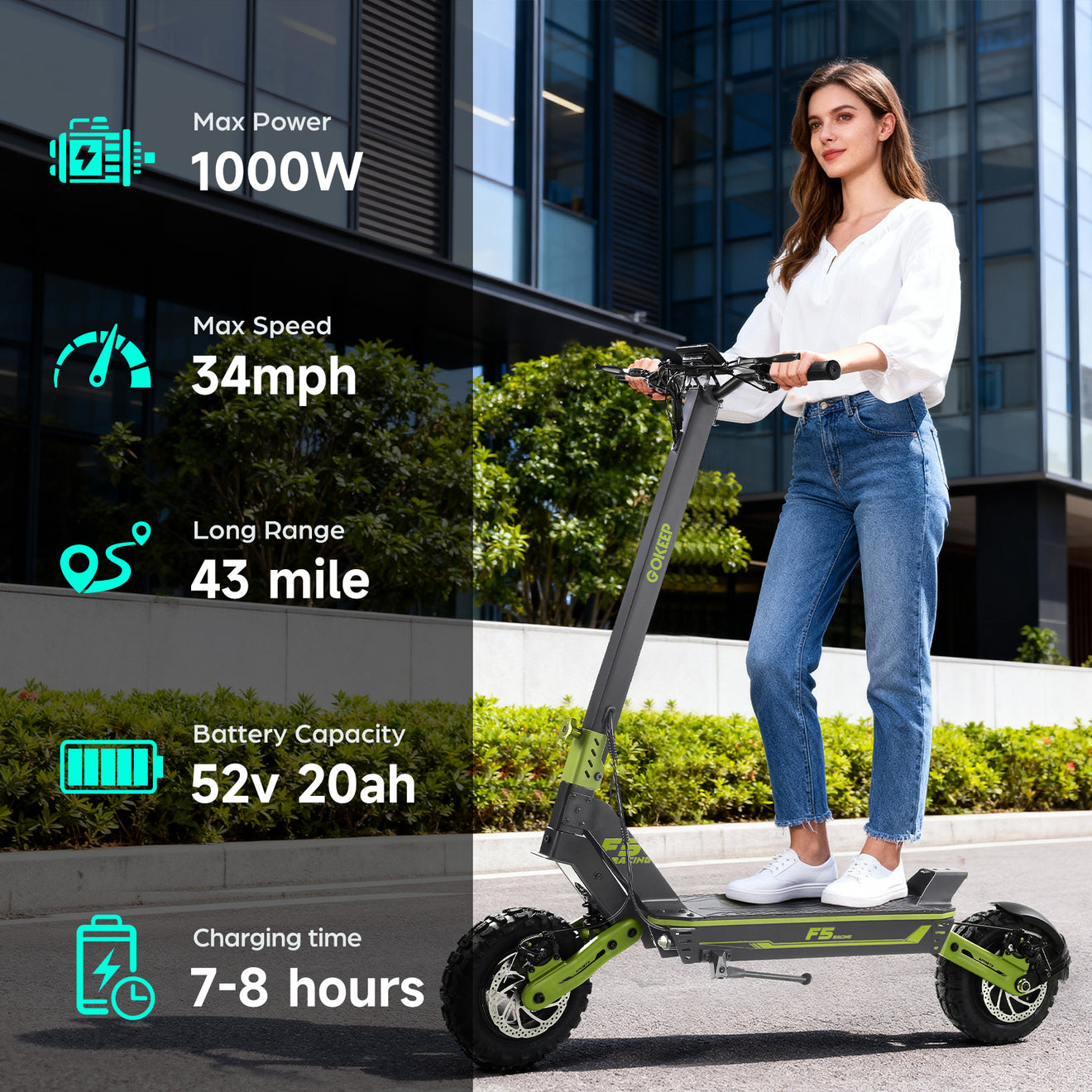 Hillmiles GOKEEP F5 Elektroroller für Gelände | 1000W Motor | 52V 20Ah | 70km Reichweite